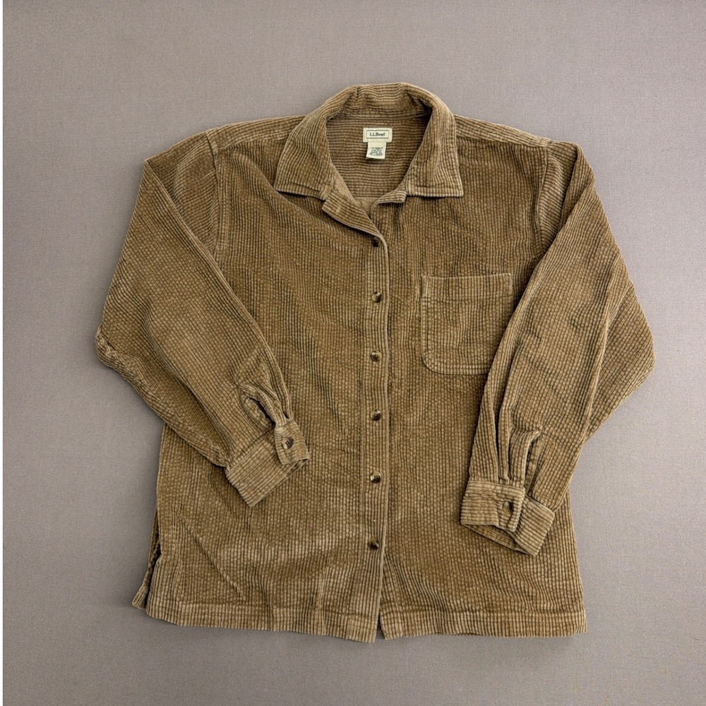 LL Bean Corduroy Shirt Womens Large Petite Tan Khaki Wide Wale Cotton OWJ29